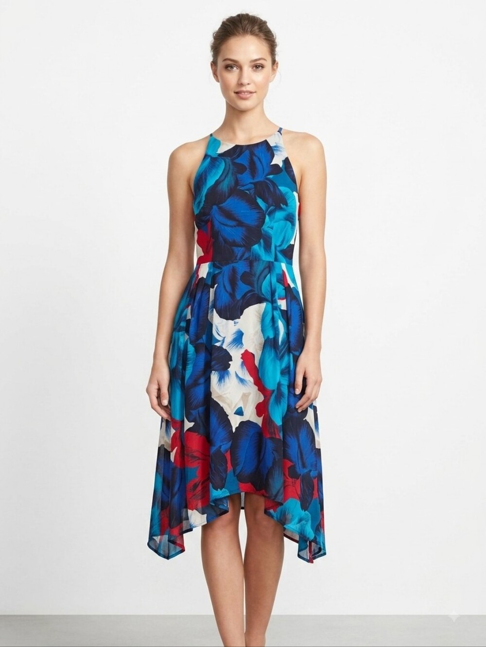 Antonio Melani 100% Silk Halter Floral Midi Dress with Pleated Back - Size 0